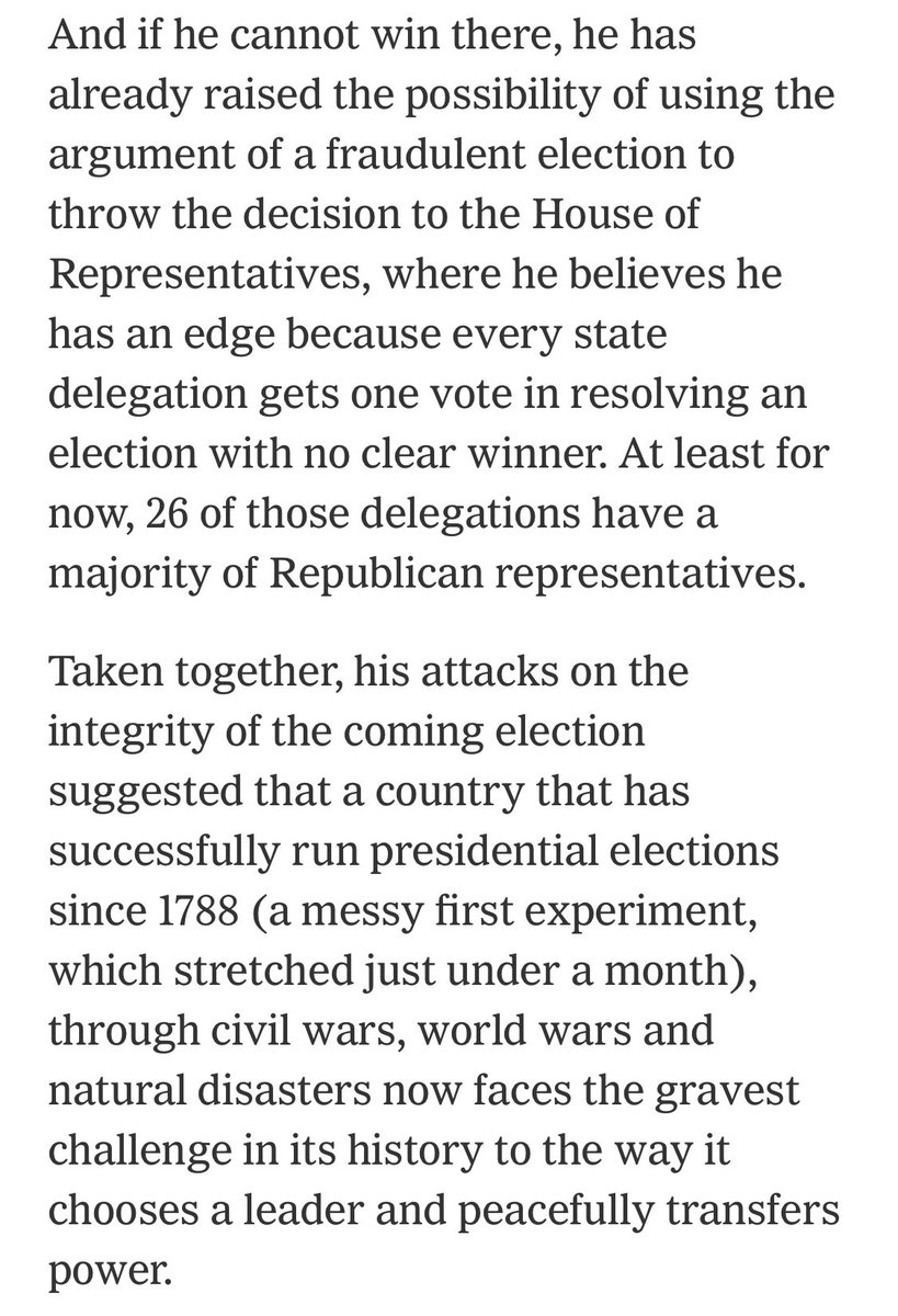 “Taken together, his attacks on the integrity of the coming election suggested [the United States of America] now faces the gravest challenge in its history to the way it chooses a leader and peacefully transfers power.”- @SangerNYT  https://www.nytimes.com/2020/09/30/us/politics/trump-debate-election.html