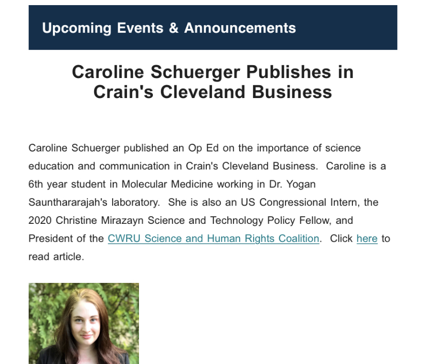 clschuerger's tweet photo. Honored to be featured along with @CWRU_SHRC for my op-ed on Science and Policymaking in the @CWRUSOM Graduate Education Office Newsletter! Thank you! https://t.co/lrxIx76HDp