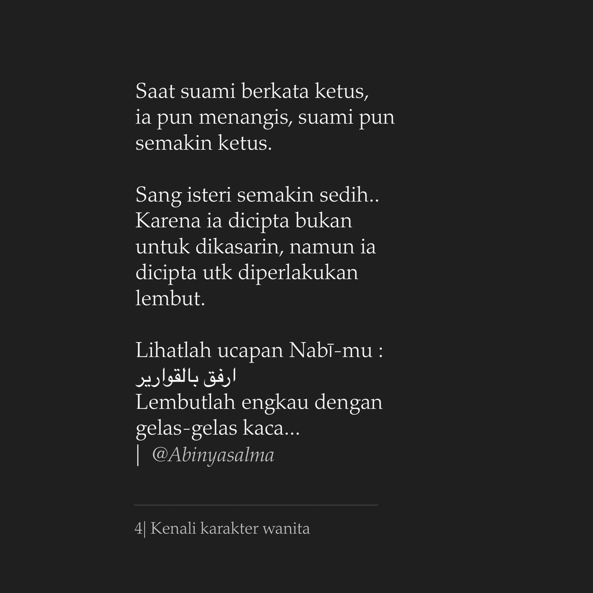 azdinawawi's tweet photo. Wanita itu, dia hanya menua secara hitungan angka; adapun hati dan perasaannya masih sama seperti di awal  kamu menikahinya. Allāhu A’lam. https://t.co/ETvYv8Qbbw