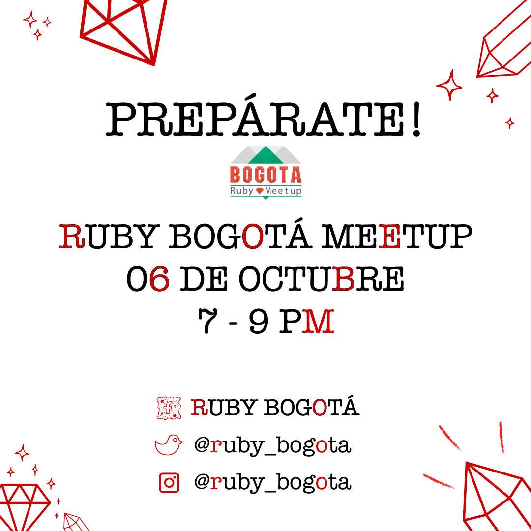 Querida comunidad, ha llegado la fecha de volvernos a reunir, en este caso será mediante la virtualidad, separen la fecha desde ya. #ruby #rubyonrails #rails #ror #rubybogota #rubydeveloper #railsdeveloper