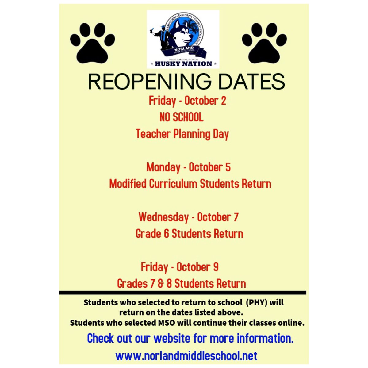 NorlandMiddle's tweet photo. 🚨IMPORTANT UPDATES - Friday, October 2 is a Teacher’s Workday . There will be no school. Please make note of this info for all physical return dates and the schedule for next week #reopensmart #returnsafe @MDCPSNorth @ChallengerSacha @miamischools @NROSup @NROPierre_Louis https://t.co/yA7Zhpf4qx