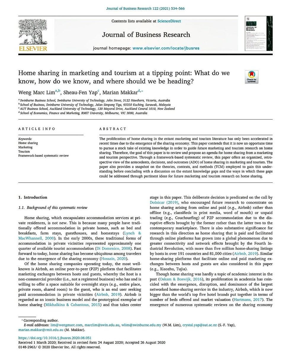 Check out my latest publication in the #JournalofBusinessResearch on a systematic review of #homesharing in #marketing & #Tourism. Free link until 18/11/2020: lnkd.in/gwKh36n
#AcademicTwitter #AcademicChatter #MarketingAcad @ResearchRMIT @RMIT @SwinBusSchool @AUTuni