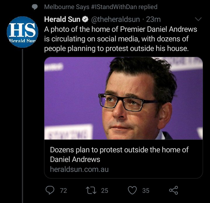 Remember this? Just Herald Sun casually promoting a protest at the Premier's house. No regard for the danger to Andrews and his family, no public apology either, despite the story vanishing into thin air when it kicked up a Twitter storm.
