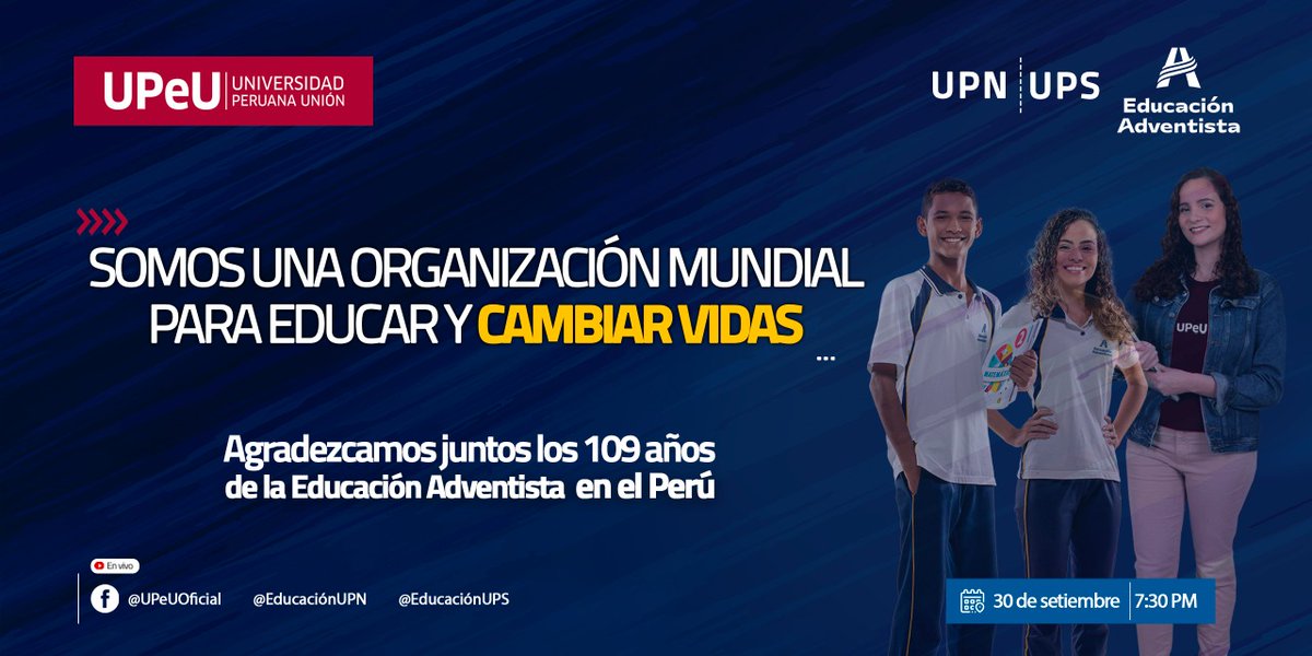 UPeUOficial's tweet photo. 📣¡#MásQuéEnseñanza! ⚡ Las instituciones adventistas son los medios donde el ser humano recibe una transformación integral 🙏 por la obra milagrosa del Espíritu Santo. 🤝 📣¡Celebremos 109 años de la EA en el Perú! 🎊#EducaciónAdventista #ComunidadUPeU https://t.co/bzjDVlfq6k
