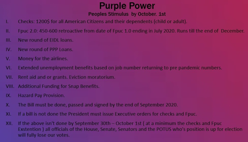 Fearmp88's tweet image. #PURPLEPOWER @POTUS @stevenmnuchin1 @MarkMeadows Trump you said you had the money and wanted to send us bigger stimulus checks a month ago. Wtf are you doing? Did you bluntly lie to all your supporters. What about lwa or Fpuc? Your loosing our votes if this isnt done immediately.