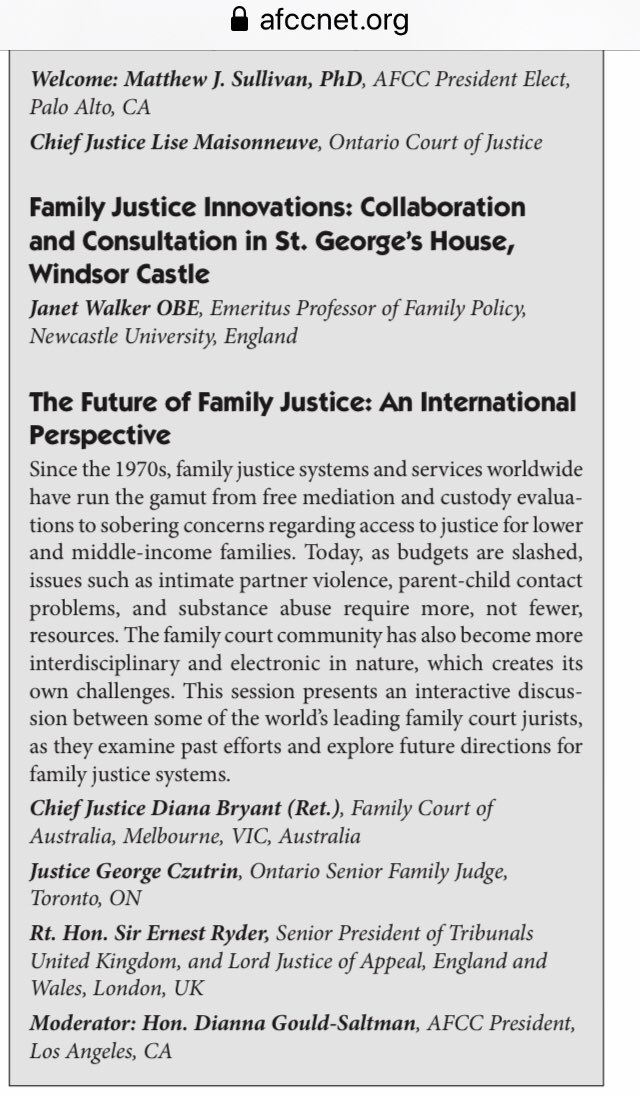 A 2019 Toronto  (“ #AFCC is not just USA, cont’d.) Annual conference references its 2018 Consultation with “RELATE” at  #STGeorges_WinsorCastle which I posted/Tweeted as soon as I heard... https://www.afccnet.org/Portals/0/Conferences/AFCC%202019%20Toronto%20Annual%20Brochure_0119-1.pdfLook at the countries listed; notice the involved judges