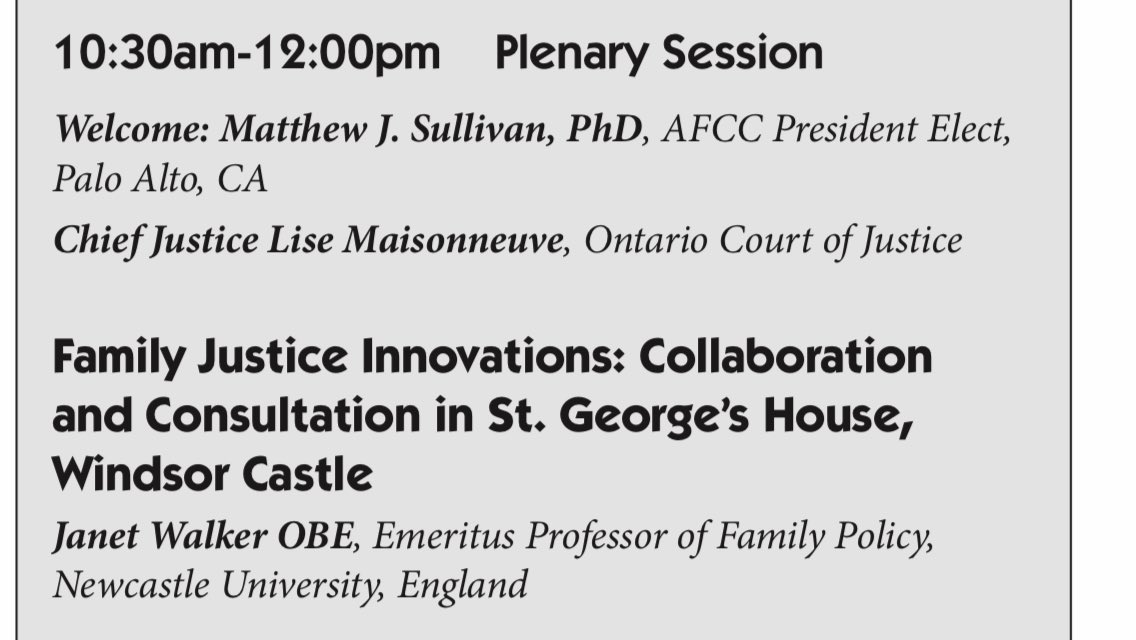 A 2019 Toronto  (“ #AFCC is not just USA, cont’d.) Annual conference references its 2018 Consultation with “RELATE” at  #STGeorges_WinsorCastle which I posted/Tweeted as soon as I heard... https://www.afccnet.org/Portals/0/Conferences/AFCC%202019%20Toronto%20Annual%20Brochure_0119-1.pdfLook at the countries listed; notice the involved judges