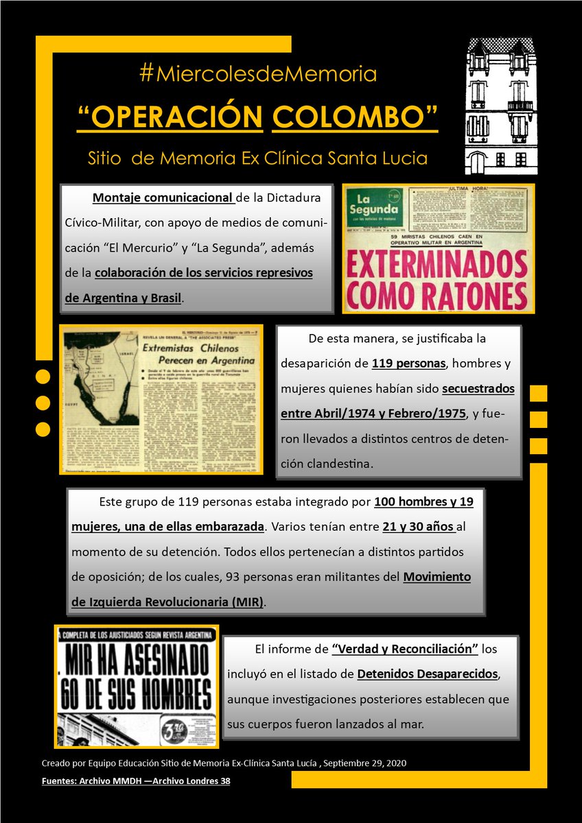 Este #MiércolesDeMemoria recordamos a las víctimas de la Operación Colombo o "Caso de los 119". Ni perdón ni olvido. 

#ExClínicaSantaLucía
#NoMásImpunidad.