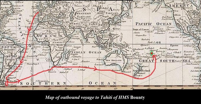 Le long voyage en passant par le sud de l'Afrique et l'Océan Indien se déroule à son tour difficulté majeure, et le Bounty finit par atteindre Tahiti le 26 octobre 1788!Ça fait 10 mois que ces courageux marins ont quitté l'Angleterre!Ils ont alors parcouru 50.000km17/n