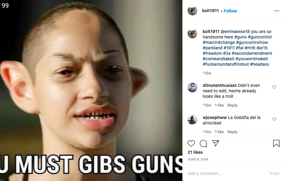  Major Content Warning - Racism And if you still don’t think Kolton is a blatant entryist, Here’s a fashwave edit of Kolton at the site of the Branch Dividian Compound in Waco and a disgustingly racist depiction of Parkland survivor Emma Gonzalez he posted.