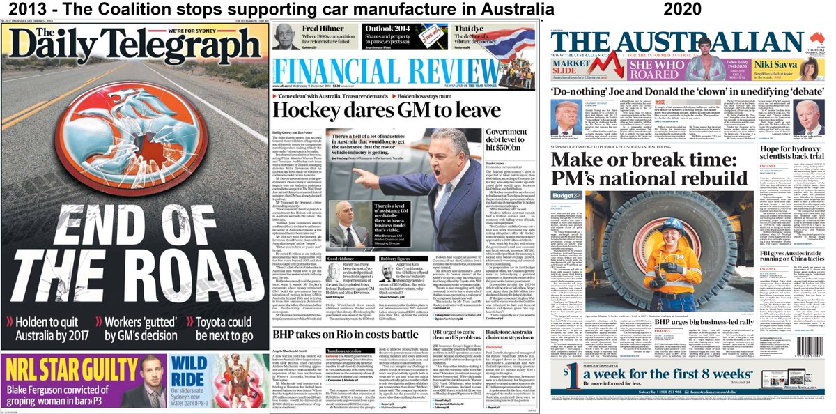 It seems that #ScottyFromMarketing having repudiated everything he has ever stood for on stimulus, debt, deficit &amp; infrastructure (NBN) is now about to embrace dreaded industry policy. So why did Morrison kill our car manufacturing industry and its 200,000 jobs?