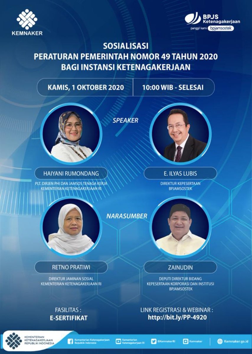 Selamat pagi, bagi rekan - rekan yang bertugas di Instansi Ketenagakerjaan, jangan dilewatkan nih, Sosialisasi Peraturan Pemerintah No. 49 Tahun 2020, hari ini, Kamis, 1 Oktober 2020 pukul 10.00 WIB.