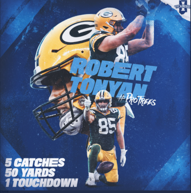 TreesSportMedia's tweet photo. @RobTonJr Had 5 catches 50 yards and 1 touchdown Sunday night against the Saints!! Let's show our love and support by LIKING and RETWEETING this! #Sycamorenation https://t.co/cPHT7oiGFF