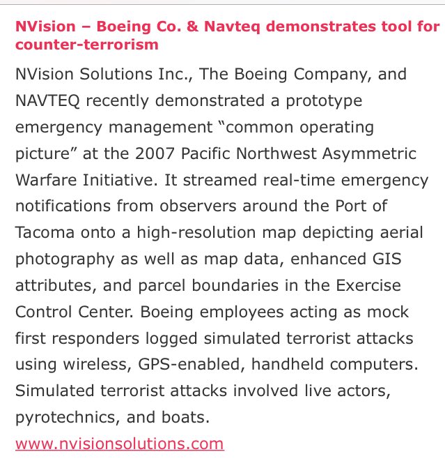 NVision – Boeing Co. & Navteq demonstrates tool for counter-terrorism  https://mycoordinates.org/newsbriefs-%e2%80%93-gps-14/