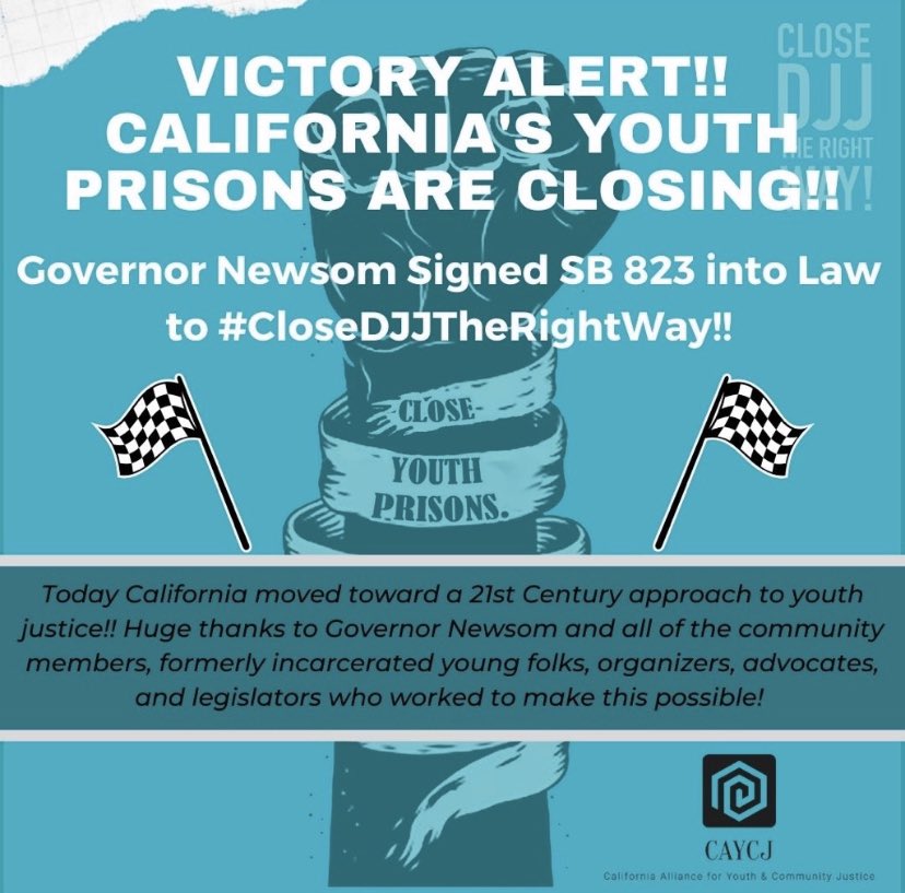 Thanks to the leadership of CAYCJ and others, and our community’s efforts, today @GavinNewsom signed #SB823 into law to #CloseDJJtheRightWay! It’s time to transform CA’s youth carceral system into community-based support and healing! #SafeHealthyFree #Freedom2030 #carenotcages