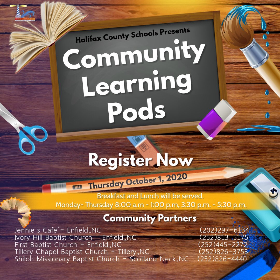 HalifaxRise's tweet photo. Halifax County Schools presents Community Learning Pods! It truly takes a village so register today! We are better together. 
#anchoringdown
#HalifaxRise https://t.co/xlNgQzM9Pg