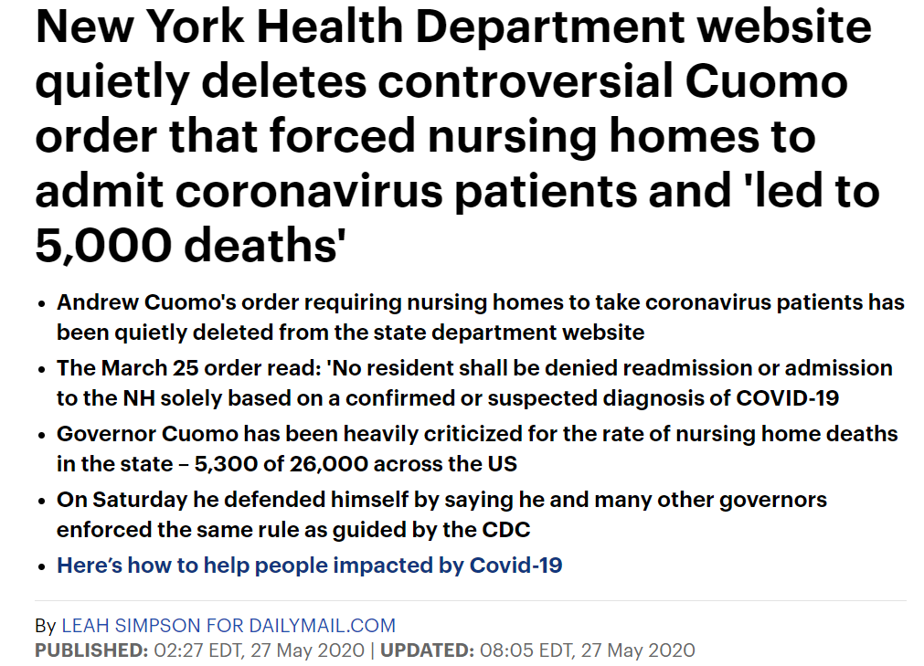 omriceren's tweet photo. We use "Orwellian" too often. But:

1) In March Cuomo issued order sending COVID patients to nursing homes.

2) By May 4,500 ppl sent to nursing homes bc of order, per AP, catastrophically. So NY reversed &amp;...

3) ... scrubbed it from sites.

4) Today Cuomo said it never happened https://t.co/XP2492ETMc