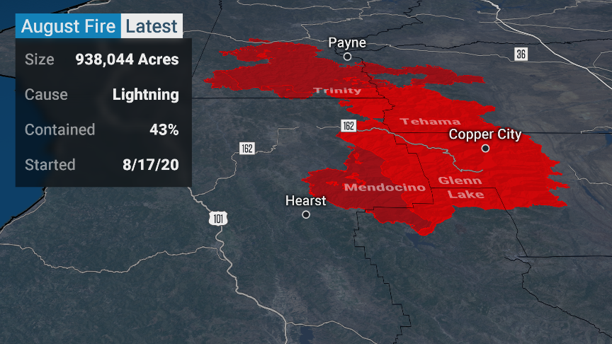 JordanSteele's tweet image. California's #AugustComplexfire has been burning since August 17th. Less than 50% contained. And almost 1 million acres! Insane. #wildfires2020