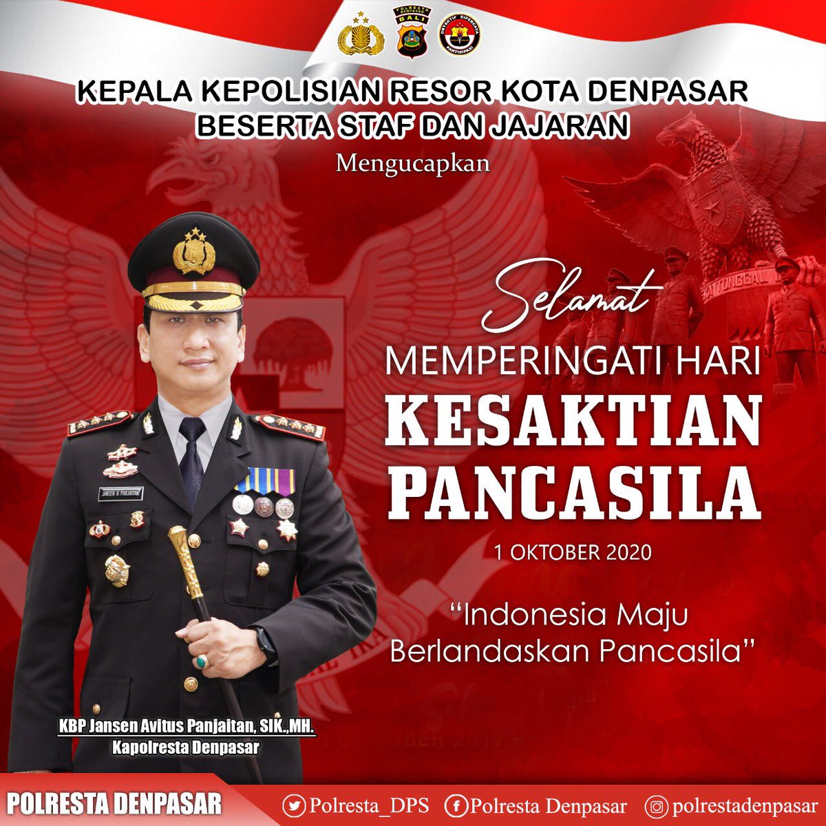 Selamat Memperingati Hari
Kesaktian Pancasila
.
Indonesia Maju Berlandaskan Pancasila
.
.
#harikesaktianpancasila 
#polrestadenpasar