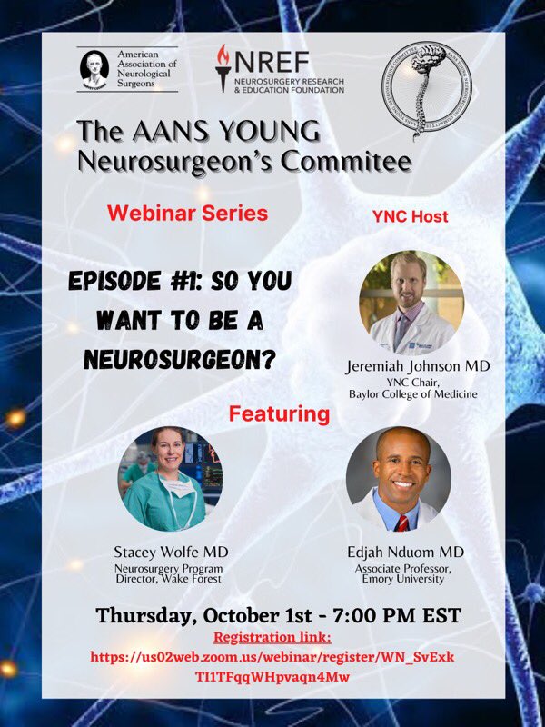 Young Neurosurgeons (@youngneuros) on Twitter photo “So You Want to Be a Neurosurgeon?” Episode #1 of the Young Neurosurgeons Committee new web series kicks off tomorrow: October 1st at 7PM EST! <a href="/NREFORG/">NREF</a> <a href="/AANSNeuro/">AANS</a> <a href="/BrainSpineGroup/">Brain & Spine Group</a> <a href="/EKNduom/">Edjah Nduom, MD (he/him)</a> <a href="/jerjohnson/">Jeremiah Johnson MD, FAANS</a> #Neurosurgery <a href="/somedocs/">Doctors On Social Media</a>
Register here: us02web.zoom.us/webinar/regist… “So You Want to Be a Neurosurgeon?” Episode #1 of the Young Neurosurgeons Committee new web series kicks off tomorrow: October 1st at 7PM EST! <a href="/NREFORG/">NREF</a> <a href="/AANSNeuro/">AANS</a> <a href="/BrainSpineGroup/">Brain & Spine Group</a> <a href="/EKNduom/">Edjah Nduom, MD (he/him)</a> <a href="/jerjohnson/">Jeremiah Johnson MD, FAANS</a> #Neurosurgery <a href="/somedocs/">Doctors On Social Media</a>
Register here: us02web.zoom.us/webinar/regist…