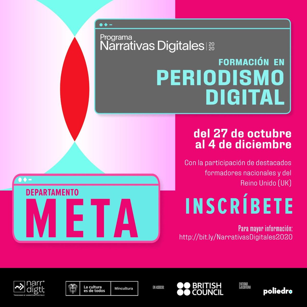¡ATENCIÓN META! Ya pueden inscribirse  los interesados en el proceso de formación en Periodismo Digital #NarrativasDigitalesCol en el departamento del Meta. El formulario, fechas y términos de la convocatoria se encuentran en bit.ly/NarrativasDigi…