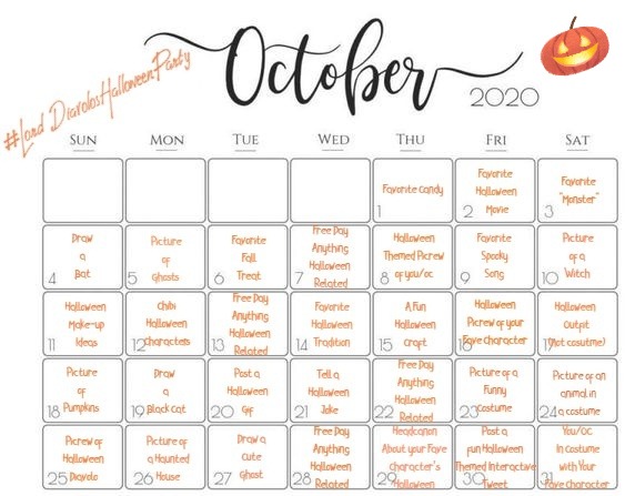 Hello everyone, I would like to formally invite you to my month long Halloween party! I have created this calendar of fun Halloween themed tasks for you. Using the hashtag  #LordDiavolosHalloweenParty, you can complete your daily tasks, and interact with others at the party!