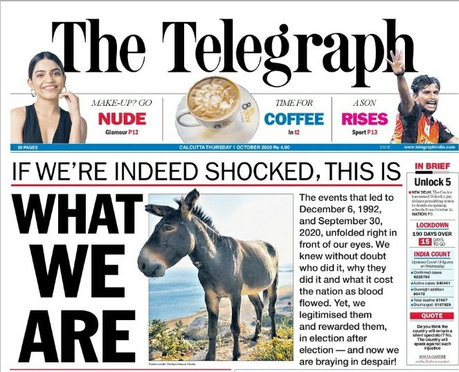 This is the most appropriate headline which is being given by @ttindia .
If you r indeed shocked by #BabriVerdict or #HathrasHorror or may be 22 year old drugged in Balarampur or #Azamgarh  , this is what we are today.
A Donkey listening to @narendramodi 's #MannKiBaat