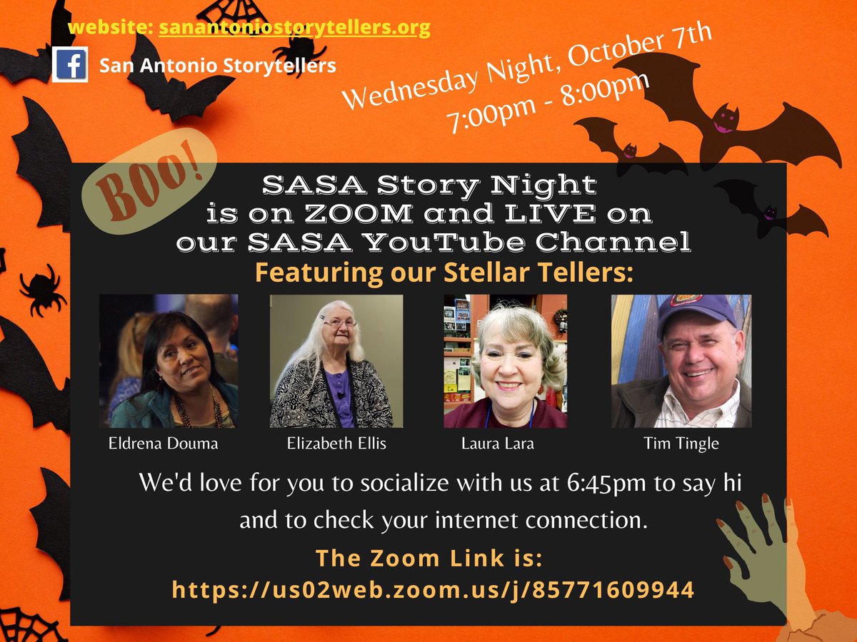 Sue Kuentz (@door2loresue) on Twitter photo I’m emceeing SASA Spooky Story Night Oct. 7th at 7:00pm. Look who’s telling! Please share and join us on Zoom if you dare! <a href="/TejasTales/">TejasTales</a> <a href="/SaStorytellers/">SAStorytellers</a> <a href="/tim_tingle/">Tim Tingle</a> <a href="/tprcommunity/">Texas Public Radio Community</a> <a href="/News4SA/">News 4 San Antonio</a> I’m emceeing SASA Spooky Story Night Oct. 7th at 7:00pm. Look who’s telling! Please share and join us on Zoom if you dare! <a href="/TejasTales/">TejasTales</a> <a href="/SaStorytellers/">SAStorytellers</a> <a href="/tim_tingle/">Tim Tingle</a> <a href="/tprcommunity/">Texas Public Radio Community</a> <a href="/News4SA/">News 4 San Antonio</a>
