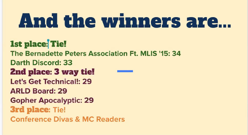 silversj's tweet photo. Thank you to everyone who joined us for #TriviaNight! Our #MNLib20 Winners are all tied up!

1st Place: The Bernadette Peters Assn. Ft. MLIS '15
1st Place: Darth Discord

Have a great night everyone! See you bright and early for conference day 2!
@MNlibraries https://t.co/i14sqrxeFM