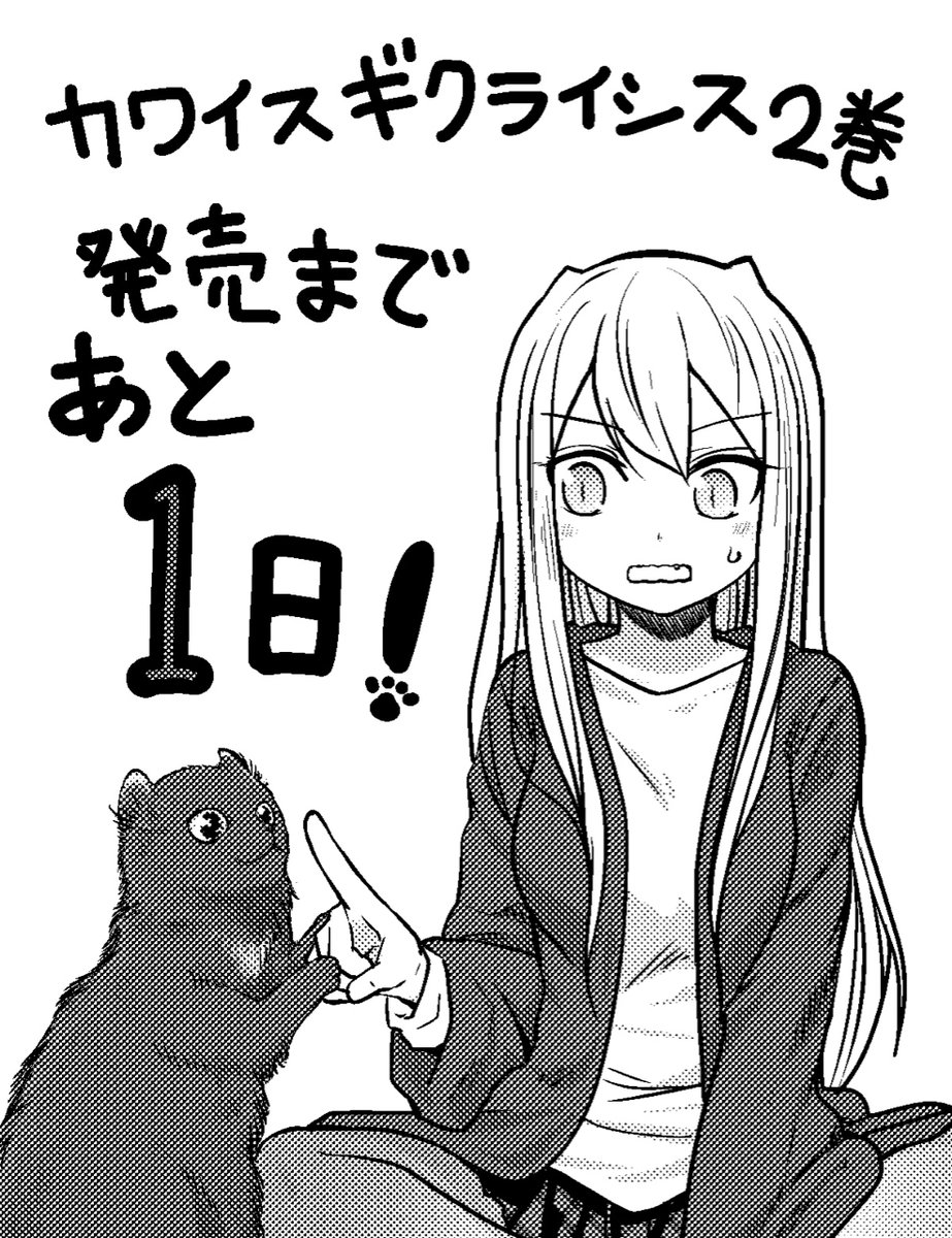 発売まであと1日!
カウントダウンのラストは、リザ&よぞらです。
迷子になったりお風呂入ったりサイボーグになったり、色々巻き起こる『カワイスギクライシス』2巻は明日発売です。
よろしくお願いします!