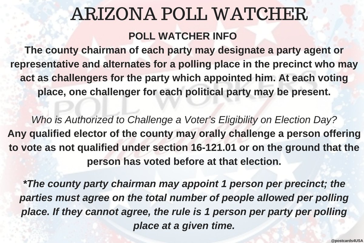 ARIZONA Poll Watcher  #PollWatcherWho is Authorized to Challenge a Voter’s Eligibility on Election Day?Any qualified elector of county may orally challenge a person offering to vote as not qualified or on the grounds that the person has voted before at that election.THREAD