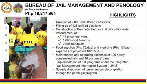 DILG Usec. Florece shows the proposed budget of the Bureau of Jail Management and Penology. Part of it will be used to purchase firearms, as well as buy medicine and food supplies of detainees