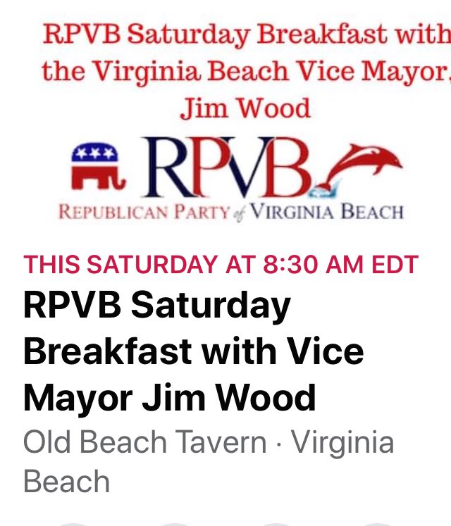 RPofVB's tweet photo. The RPVB breakfast will feature Vice Mayor Jim Wood talking about the latest issues affecting Virginia Beach.  Masks are to be worn in the restaurant. https://t.co/isiE7sbcdi
