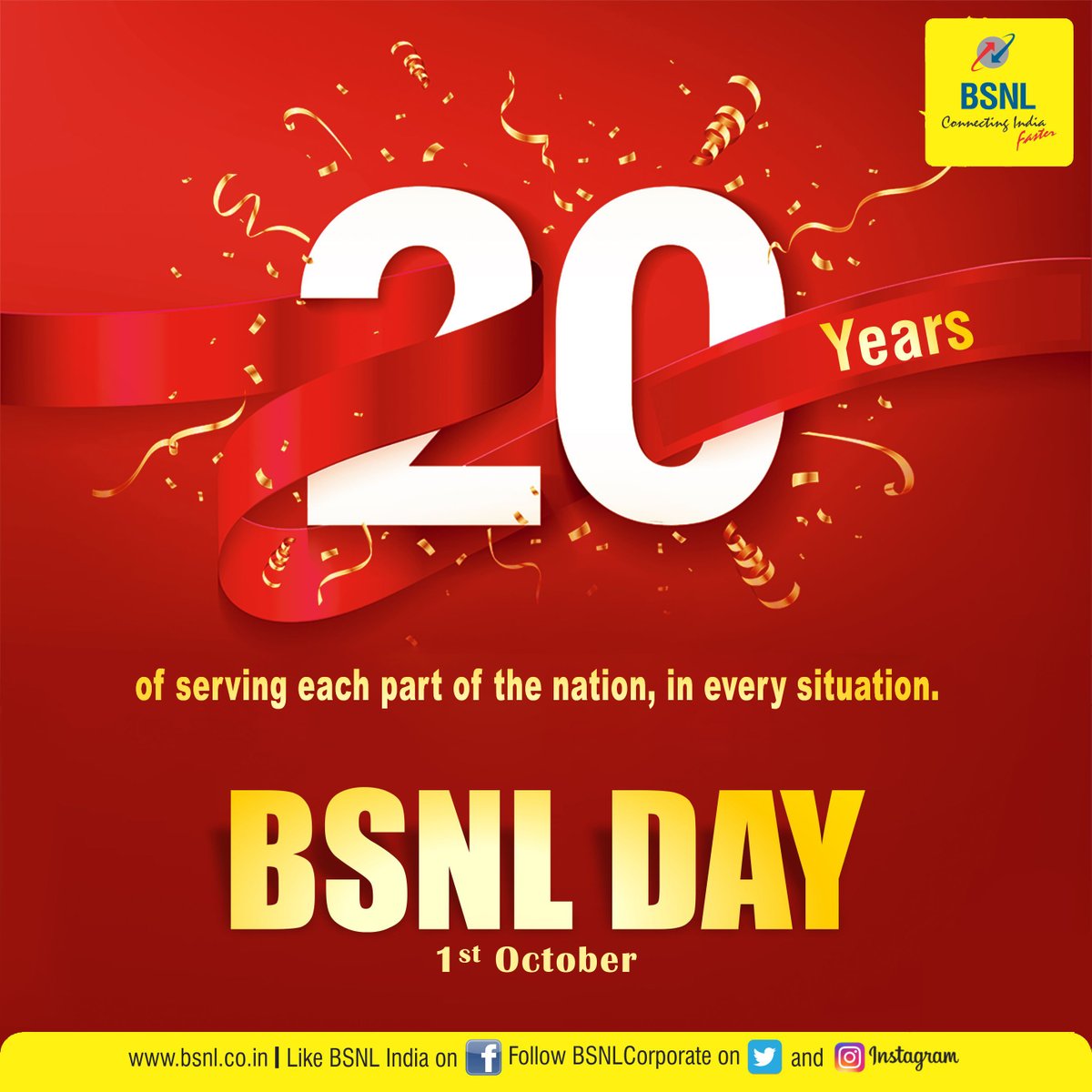 BSNLCorporate's tweet image. Congratulations and Thanks to all esteemed customers of #BSNL on #BSNLFoundationDay. We are glad to serve the country in every situation, since last 20 years. #BSNLDay @CMDBSNL