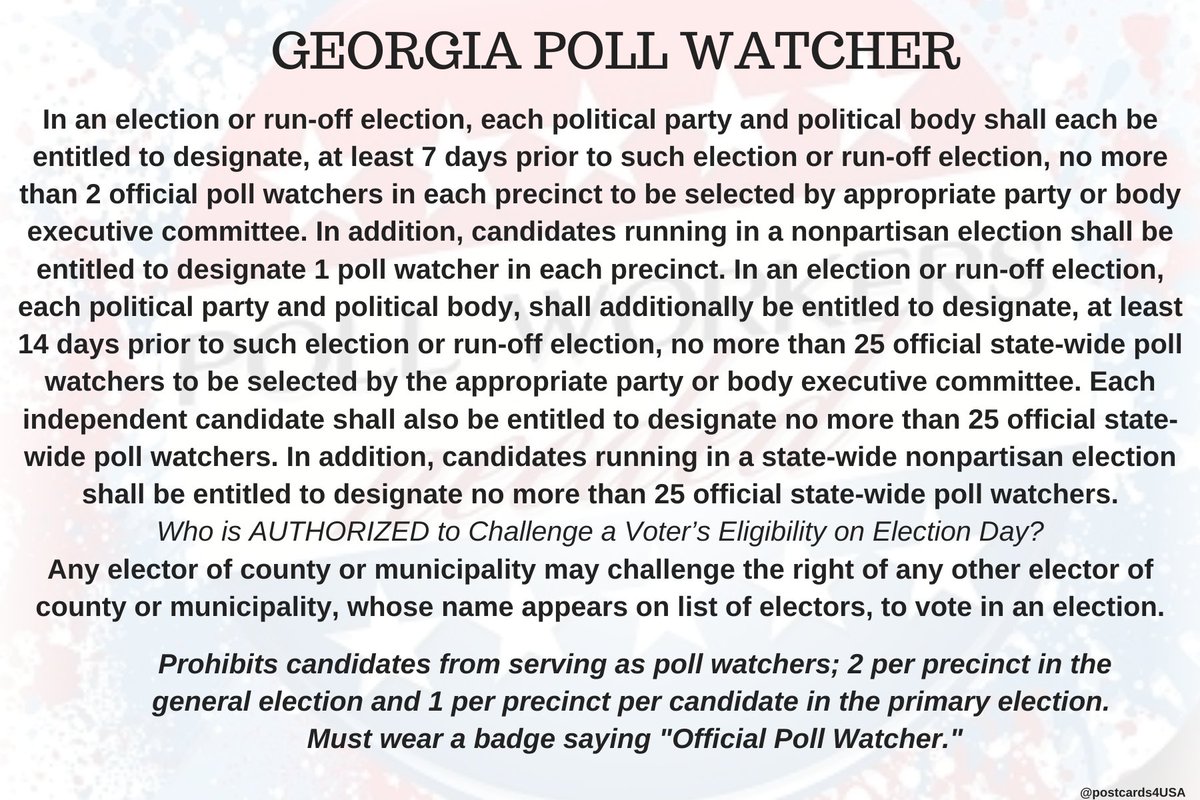 GEORGIA Poll Watcher  #PollWatcher Who is AUTHORIZED to Challenge a Voter’s Eligibility on Election Day?Any elector of county or municipality may challenge right of any other elector whose name appears on the list of electors, to vote in an election.THREAD