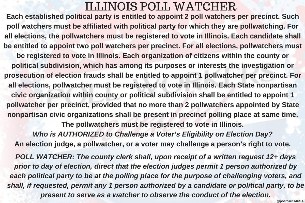 ILLINOIS Poll Watcher  #PollWatcher Who is AUTHORIZED to Challenge a Voter’s Eligibility on Election Day?An election judge, a poll watcher, or a voter may challenge a person’s right to vote.THREAD