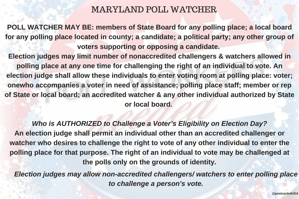 MARYLAND Poll Watcher  #PollWatcher Who is AUTHORIZED to Challenge Voter’s Eligibility on  #ElectionDay  ?Election judge can permit an individual other than an accredited watcher to challenge the right to vote of any other voter, but only on the grounds of identity.THREAD