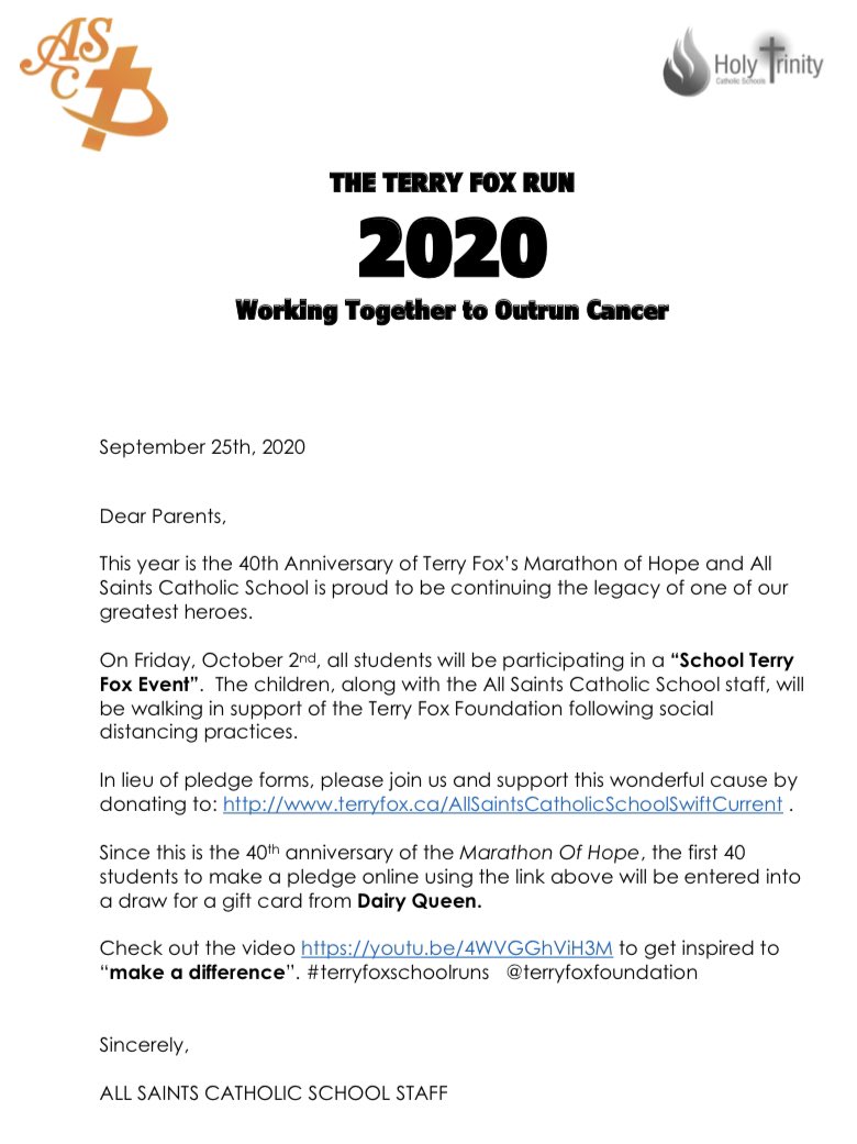 we_areallsaints's tweet image. This year is the 40th Anniversary of Terry Fox’s #marathonofhope and @we_areallsaints school is participating in the walk on October 2! If you want to support or walk you can click here secure.terryfox.ca/registrant/mob… and donate! Thank you! #Irunforterry