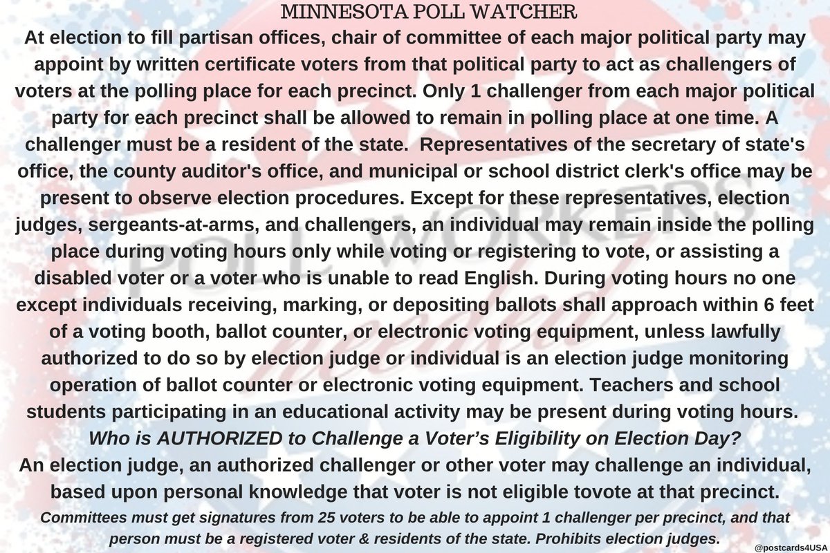 MINNESOTA Poll Watcher  #PollWatcher Who is AUTHORIZED to Challenge a Voter’s Eligibility on Election Day?An election judge, authorized challenger or other voter may challenge an individual, based upon personal knowledge they know that the voter is not eligible.THREAD