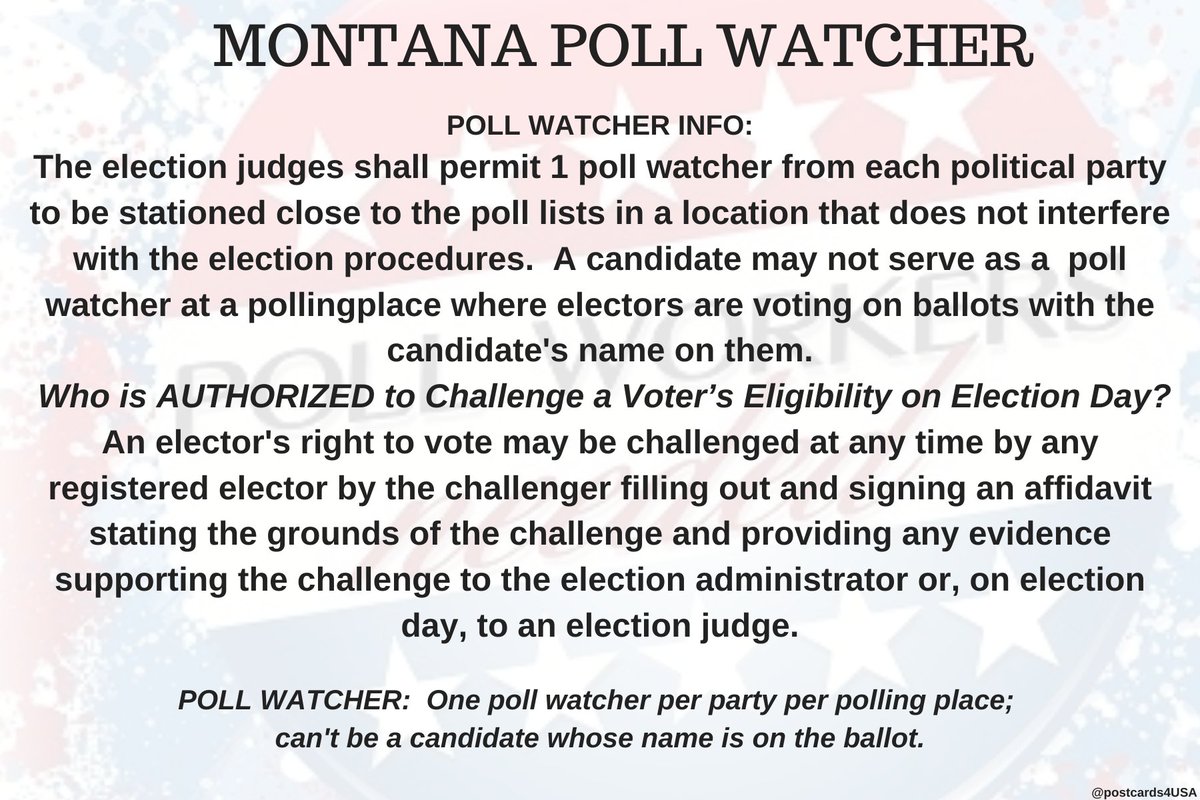 MONTANA Poll Watcher  #PollWatcher Who is AUTHORIZED to Challenge Voter’s Eligibility on Election Day?A voter may be challenged by any other voter by filling out & signing an affidavit stating the grounds of the challenge and providing any evidence to an election judge.THREAD