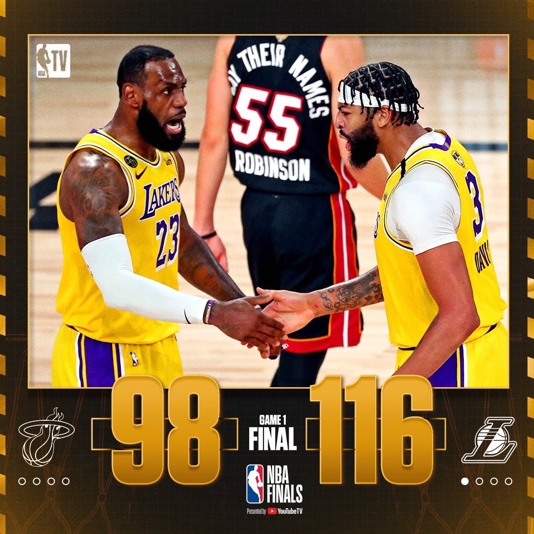 Papito_LM's tweet photo. Victoria para Los Angeles Lakers. Se llevan el primer juego de las #NBAFinals￼ 116-98 

〰 Anthony Davis: 34 Pts, 9Reb, 5Ast y 3Blks
👑 LeBron James: 25 Pts, 13Reb, 9Ast y 1Stl

Lakers dominan 1-0
#WholeNewGame #NBAFinals2020 #miamiheat #losangeleslakers https://t.co/SVhRry6H0a