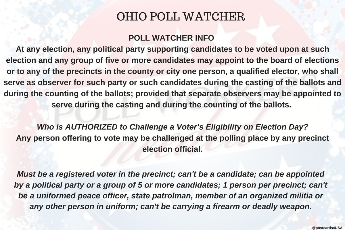 OHIO Poll Watcher  #Poll Watcher Who is AUTHORIZED to Challenge a Voter’s Eligibility on Election Day?Any person offering to vote may be challenged at the polling place by any precinct election official.THREAD