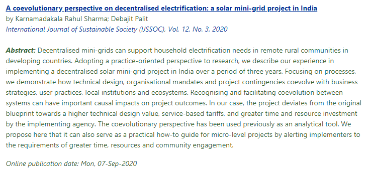 Happy to share my recent paper co-authored w/ @K_Rahul_Sharma. The paper discusses d process adopted 2 implement #solarminigrid(s) in a village cluster in #Odisha, India as part of a @teriin project, design consideration & d lessons learned   doi.org/10.1504/IJSSOC…
RT @MiniGrids