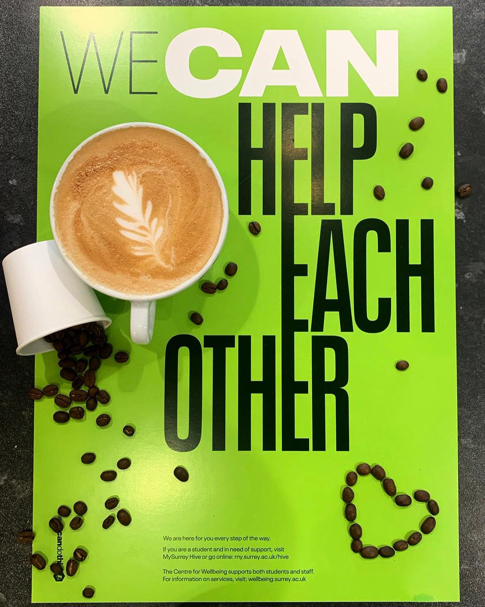 Happy #Internationalcoffeeday☕️ We CAN help each other 💛 Coffee and smiles? We’ve got you! Anything else on your mind? <a href="/mysurreyhive/">mysurreyhive</a> and @surreycwb 💙#Wecandothis @uniofsurrey #UniofSurrey #SurreyUni #Guildford #SHTMatSurrey #HospitalityatSurrey