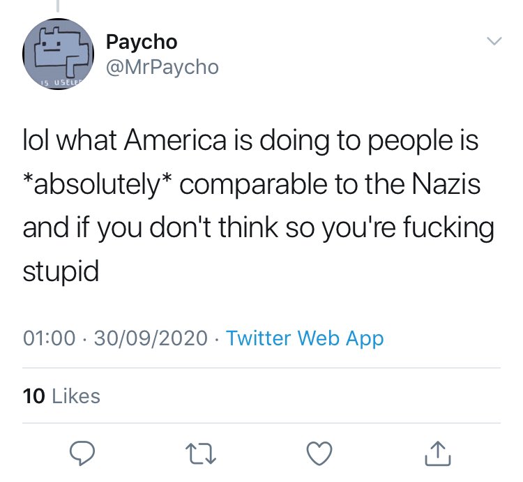 Footnote 4: Trump’s US is *exactly* like Nazi GermanyAnd if you’re a Jew objecting to the Holocaust comparison because your family were murdered, then you are a “nonce” and “fucking stupid”. Object to your own genocide being badly appropriated? That’s “weaponising” history.
