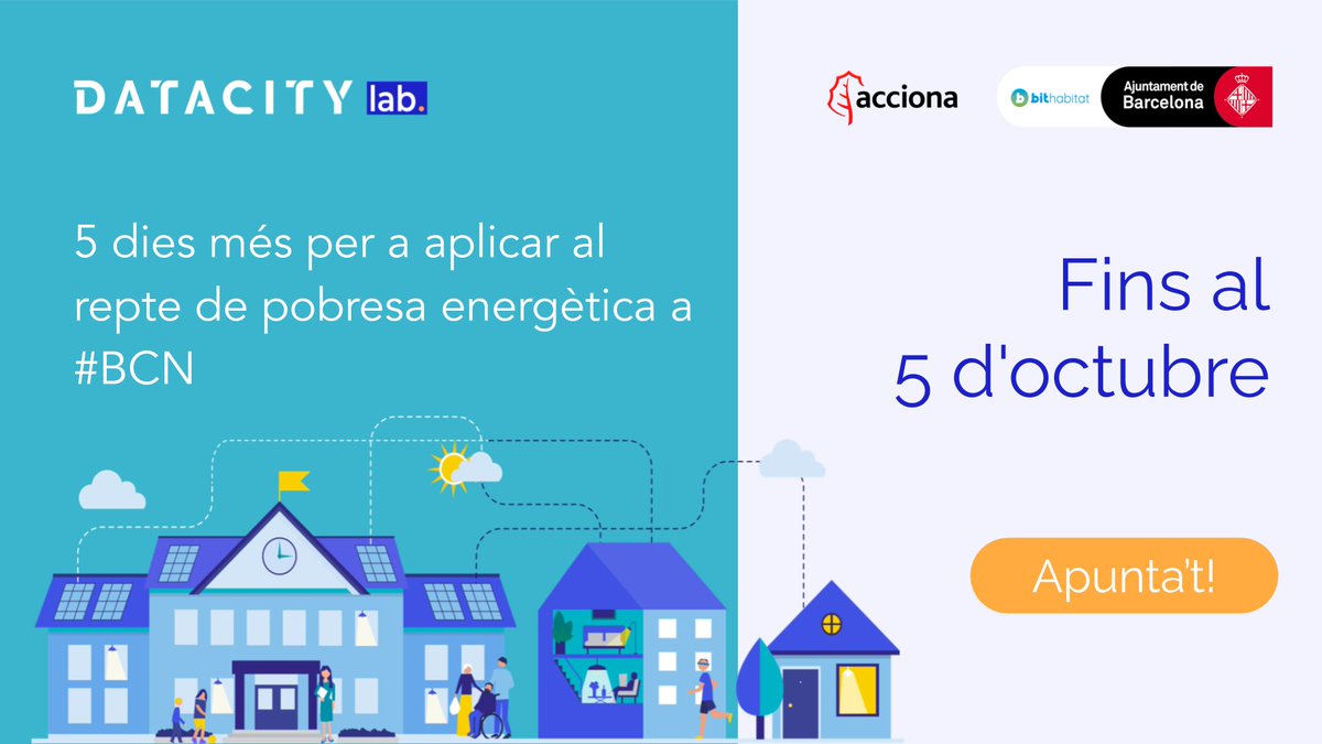 Barcelona Empreses (@bcn_empreses) on Twitter photo Ets una empresa tecnològica?
💡 Participa en la convocatòria del repte de <a href="/DataCityLab/">DataCity Lab</a> per reduir la pobresa energètica dels col·lectius vulnerables de la ciutat a través de l'energia solar fotovoltaica. #BITHabitat
📆 Tens temps fins al 5 d'octubre Ets una empresa tecnològica?
💡 Participa en la convocatòria del repte de <a href="/DataCityLab/">DataCity Lab</a> per reduir la pobresa energètica dels col·lectius vulnerables de la ciutat a través de l'energia solar fotovoltaica. #BITHabitat
📆 Tens temps fins al 5 d'octubre