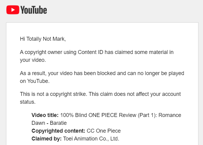 Tnm and Just Like That My Week Is Ruined The First Part Of My One Piece Sereis Has Been Copyright Claimed And Blocked In All Countries All That Work Poof