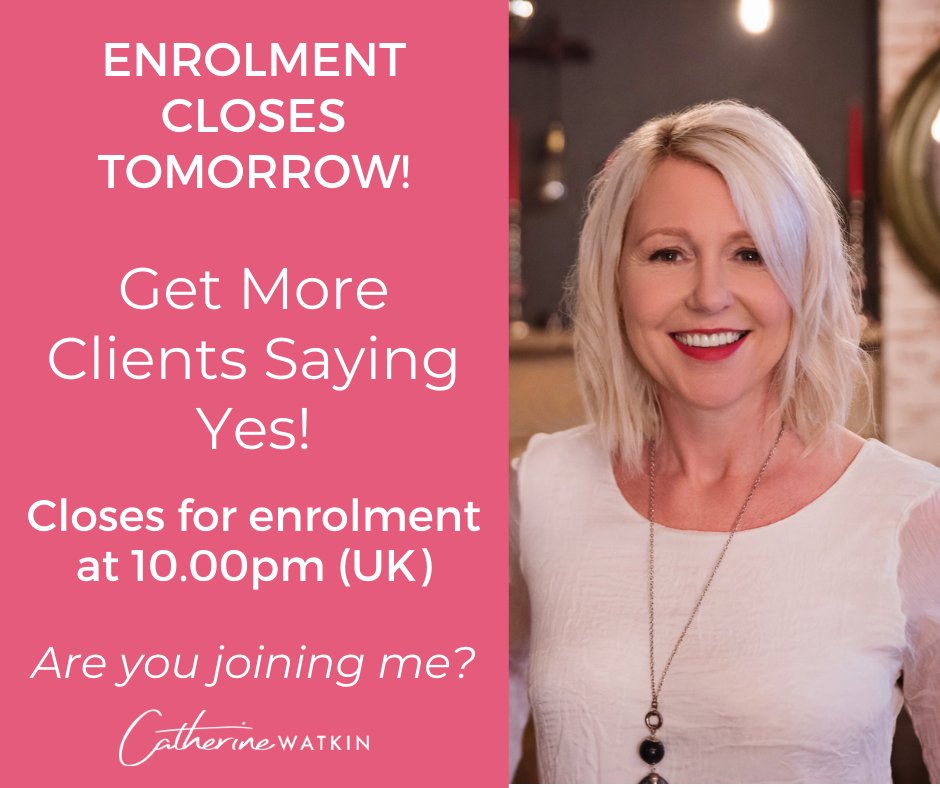 ❤️ ONE DAY TO GO! ❤️

Remember that enrolment for my online course Get More Clients Saying Yes! closes tomorrow at 10.00pm (UK).

Taking you from a standing start to enrolling paying clients within just 8 weeks
Find out more and enrol here: bit.ly/2MqXMrM