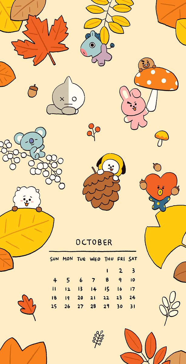 Enjoy the colors of October with BT21. 🍁

#October #Calendar #Fall #Autumn #AutumnLeaves #Pinecone #Wallpaper #Illustration #Artwork #BT21