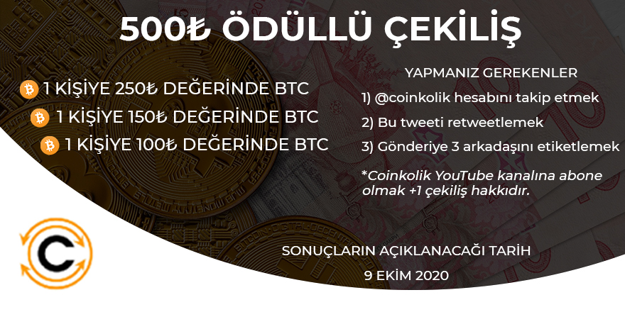 Coinkolik's tweet photo. 500₺ Değerinde #Bitcoin Ödüllü Çekiliş Başladı! 
 
1️⃣ @coinkolik'i takip et 
2️⃣ Bu tweeti beğen ve RT et 
3️⃣ Tweete 3 arkadaşını etiketle 

*️⃣ YouTube'da (https://t.co/MKqulgZdtv) abone olmak +1 katılım hakkıdır. 
Son katılım: 07.10.2020 23:59 
Kurallar: https://t.co/m35R2OAB2V https://t.co/klvudnA6UR